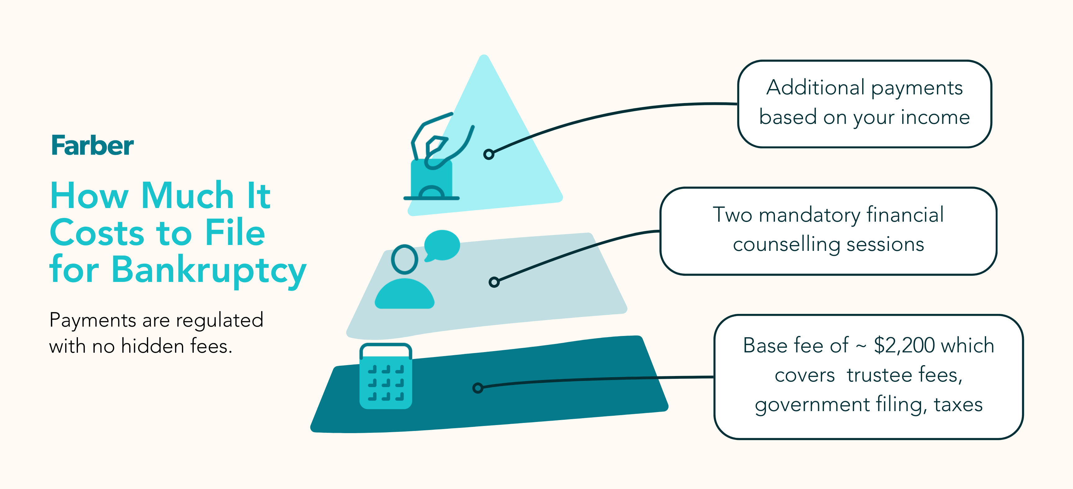 Infographic explaining bankruptcy costs: income-based payments, two counselling sessions, and a ~$2,200 base fee. Icons illustrate each cost.