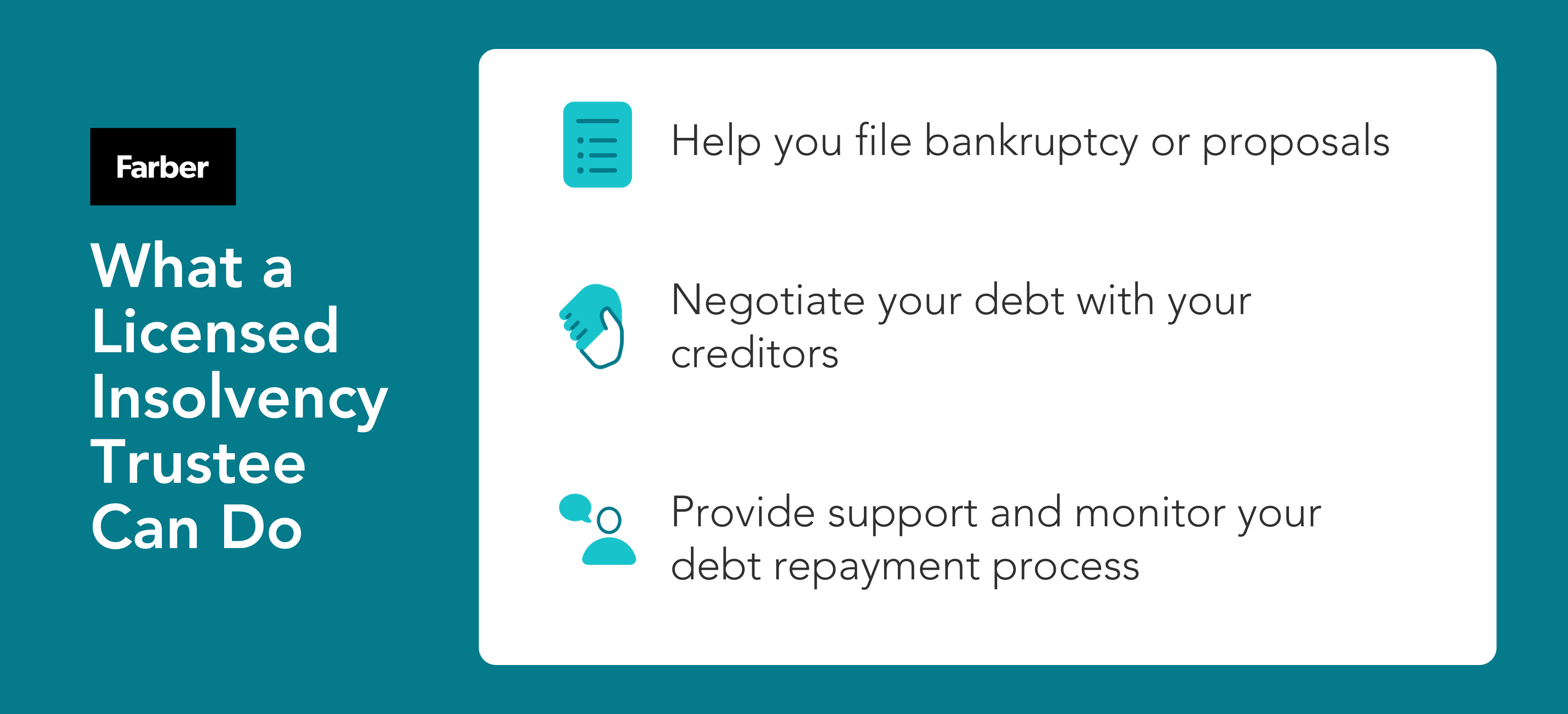 Graphic listing three services provided by a Licensed Insolvency Trustee: filing bankruptcy or proposals, negotiating with creditors, and supporting debt repayment.